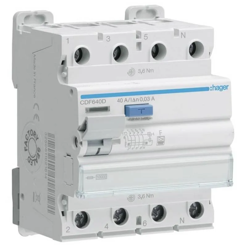 Fehlerstromschutzschalter Typ F, 30 mA, 4-polig — Hager CDF640D